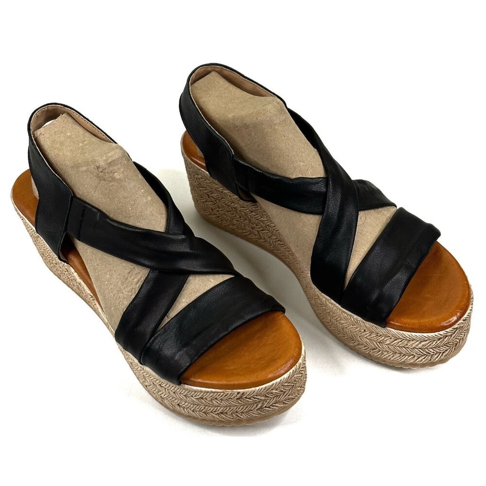 Cordani BRENTLY Espadrille Platform Wedge Sandal Black Leather Size 39/8-8.5